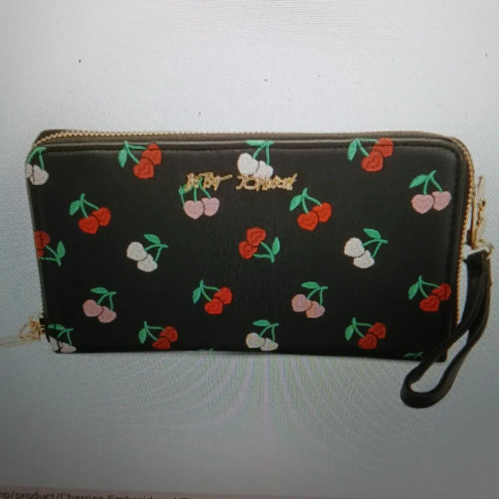 Betsey Johnson Black Cherry Embroidered Wristlet Wallet